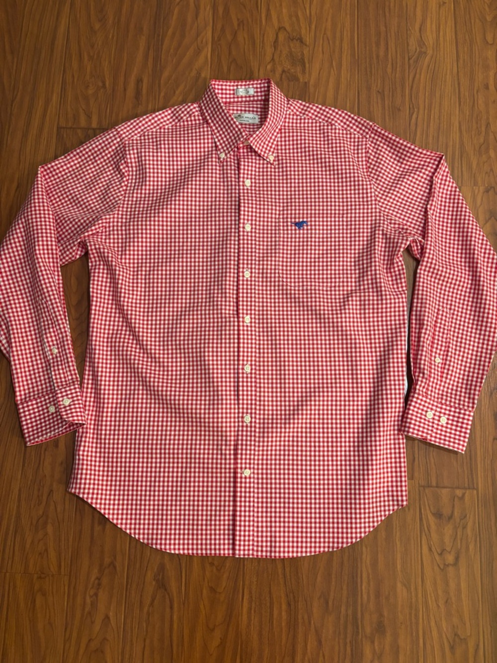 Peter Millar SMU Nanoluxe Red Gingham Button Down Shirt Mens Large Cotton LS